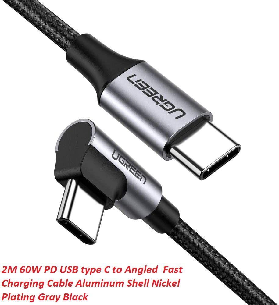 Ugreen 50125 2M 60W bẻ góc 90 độ hỗ trợ sạc nhanh PD cáp USB type C màu đen mạ nickel đầu bọc nhôm Ugreen US255 - Hàng Chính Hãng