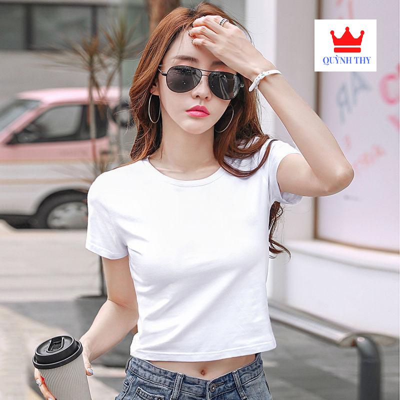 Áo thun Nữ croptop cổ tròn tay ngắn 7 màu cotton lạnh chất đẹp siêu co giãn chống bai xù