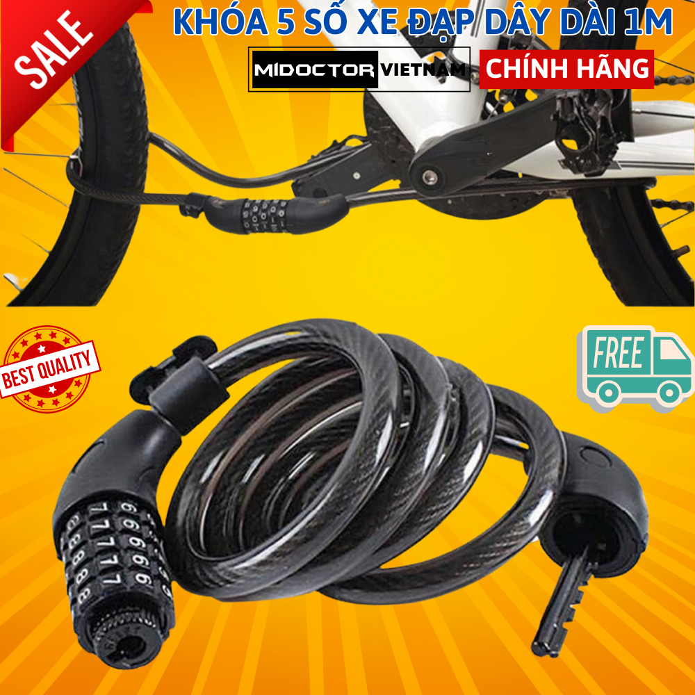 Khóa Dây xe đạp Xe máy mật mã 4 số 5 số chống trộm - Chính Hãng miDoctor - 5 Sô dây dài 120cm - đen