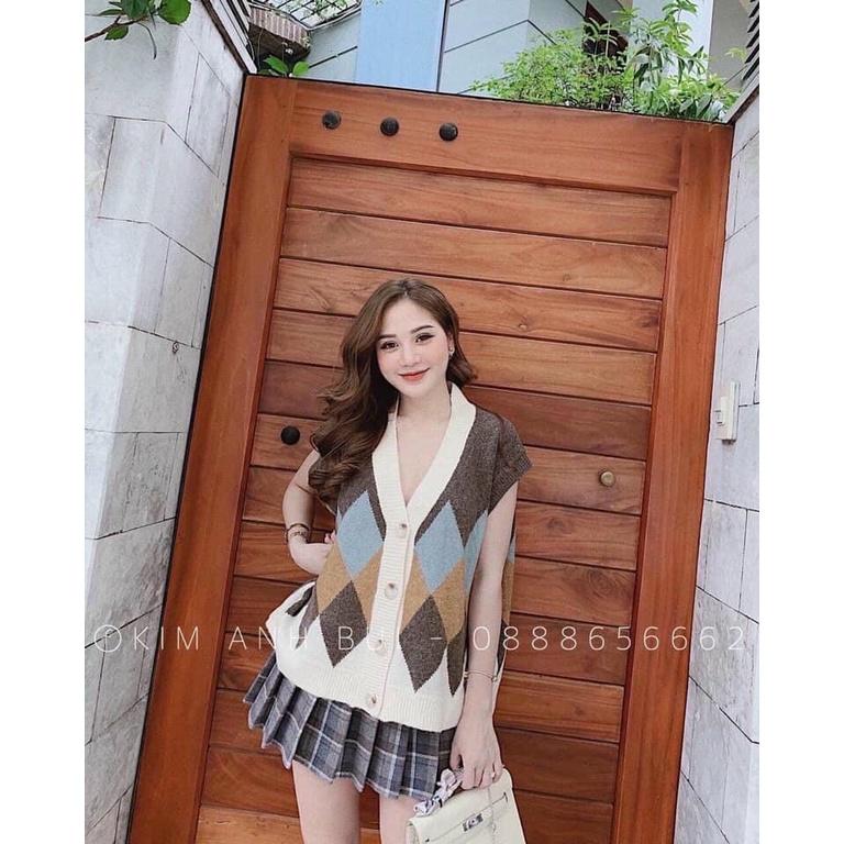 Áo gile len trám viền cổ V vintage