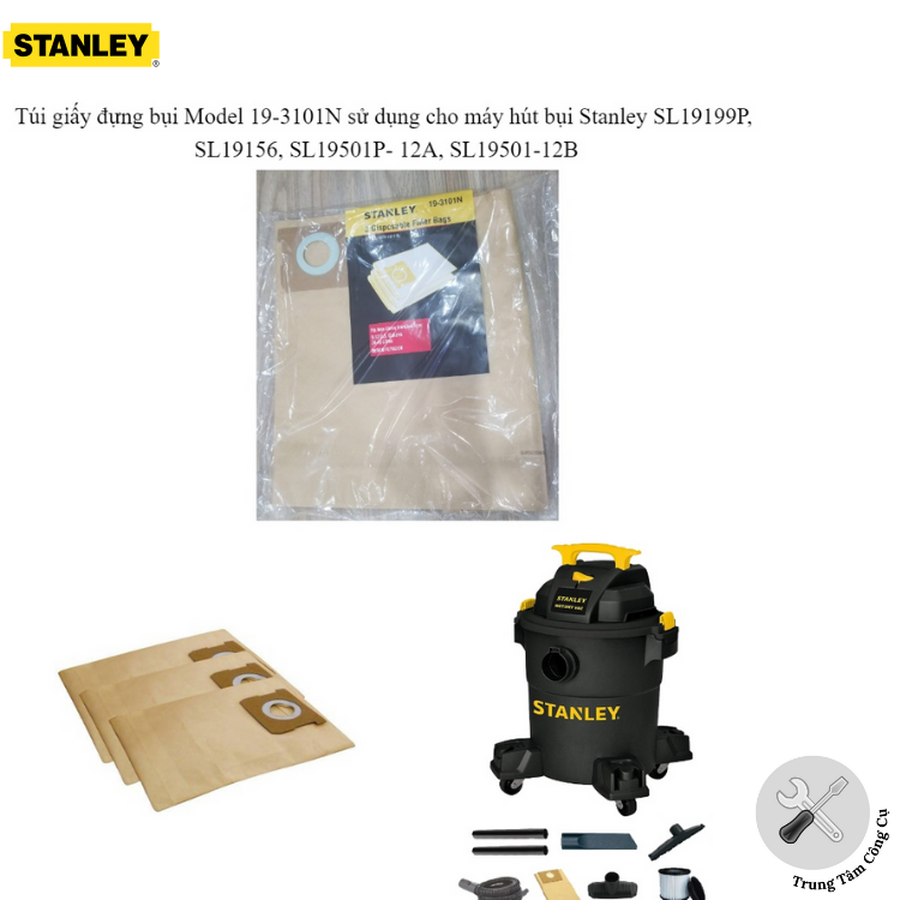 Bộ 3 túi giấy đựng bụi Stanley 19-3101N phụ kiện máy hút bụi cho máy Stanley SL19117, SL19417-8A SL19199P, SL19156, SL19403PE-8A, SL19501P-12A, SL19501-12B; Dewalt: DXV25S, DXV30S, DXV34P và DXV38S