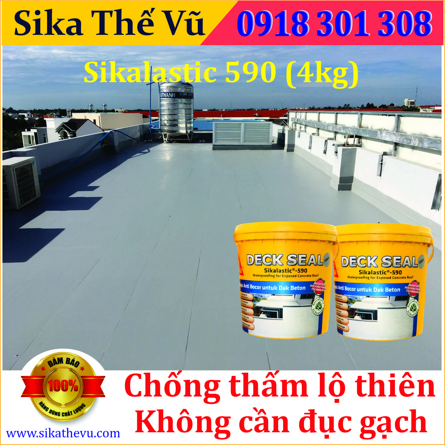 Chống thấm không cần đục gạch, chống thấm sân thượng, sàn mái lộ thiên, máng xối - Sikalastic 590 (thùng 4kg)