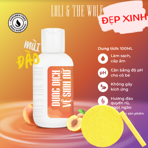 Dung dịch vệ sinh phụ nữ mùi Đào mẫu mới chai 100ml - LOLI & THE WOLF Tặng Kèm Mút Rửa Mặt