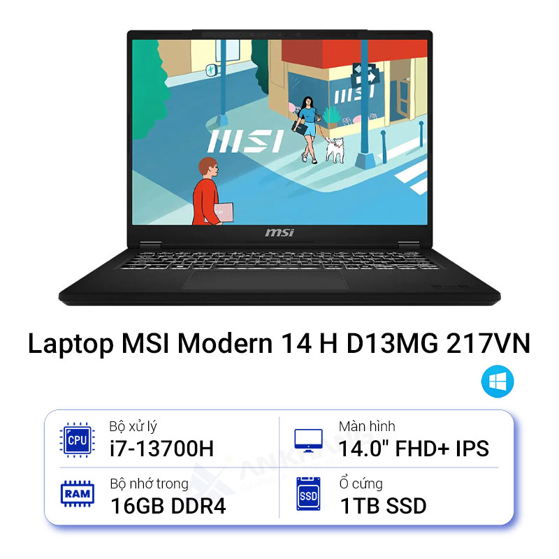 LAPTOP MSI MODERN 14 H D13MG-217VN (I7-13700H/16GB DDR4/SSD 1TB PCIE/VGA ONBOARD/14.0 FHD+ IPS/WIN11) - HÀNG CHÍNH HÃNG