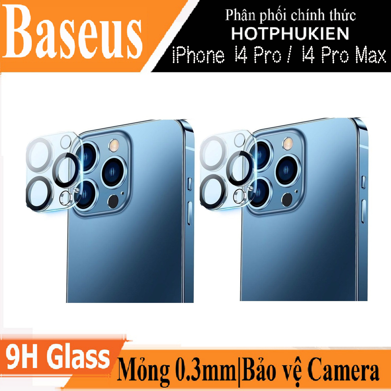 (Mua 1 tặng 1) Miếng dán kính cường lực bảo vệ camera cho iPhone 14 Pro / 14 Pro Max hiệu Baseus Full-coverage Lens mang lại khả năng quay video 8K (độ cứng 9H, mỏng 0.3mm, tặng kèm khung tự dán tại nhà) - Hàng nhập khẩu