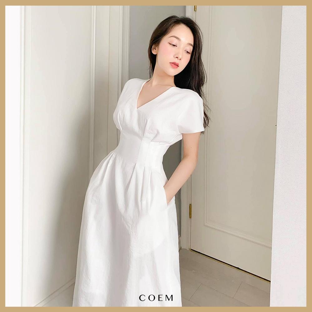 Đầm Trắng Dài Qua Gối Cổ Xẻ Chữ V Chiết Eo CO EM Chất Liệu Linen Premium Cao Cấp Thiết Kế Phù Hợp Đi Làm Đi Hẹn Hò