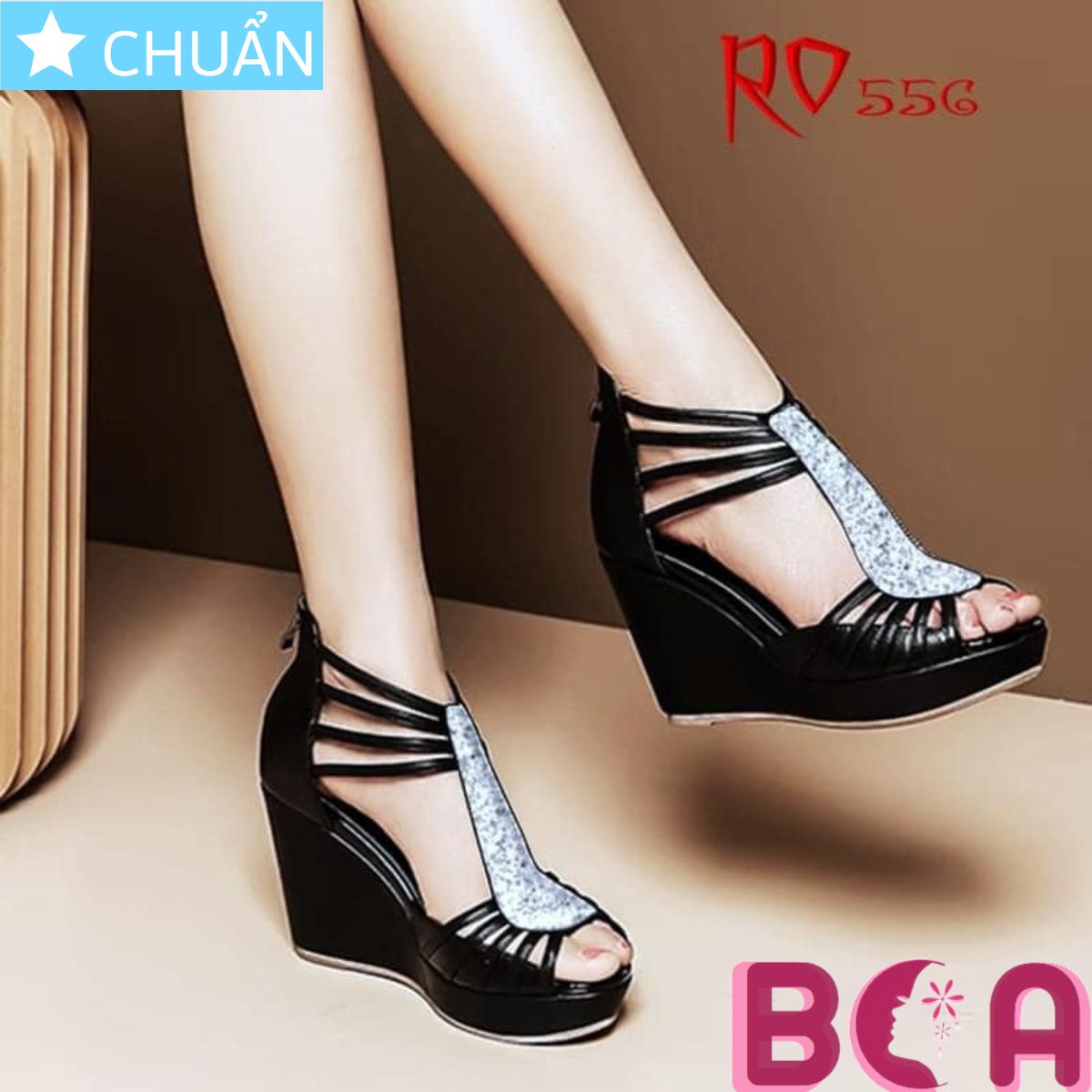 Giày sandal đế xuồng nữ 9p RO556 màu đen ROSATA tại BCASHOP kiểu dáng thoải mái kết hợp với mảng đính đá sang trọng