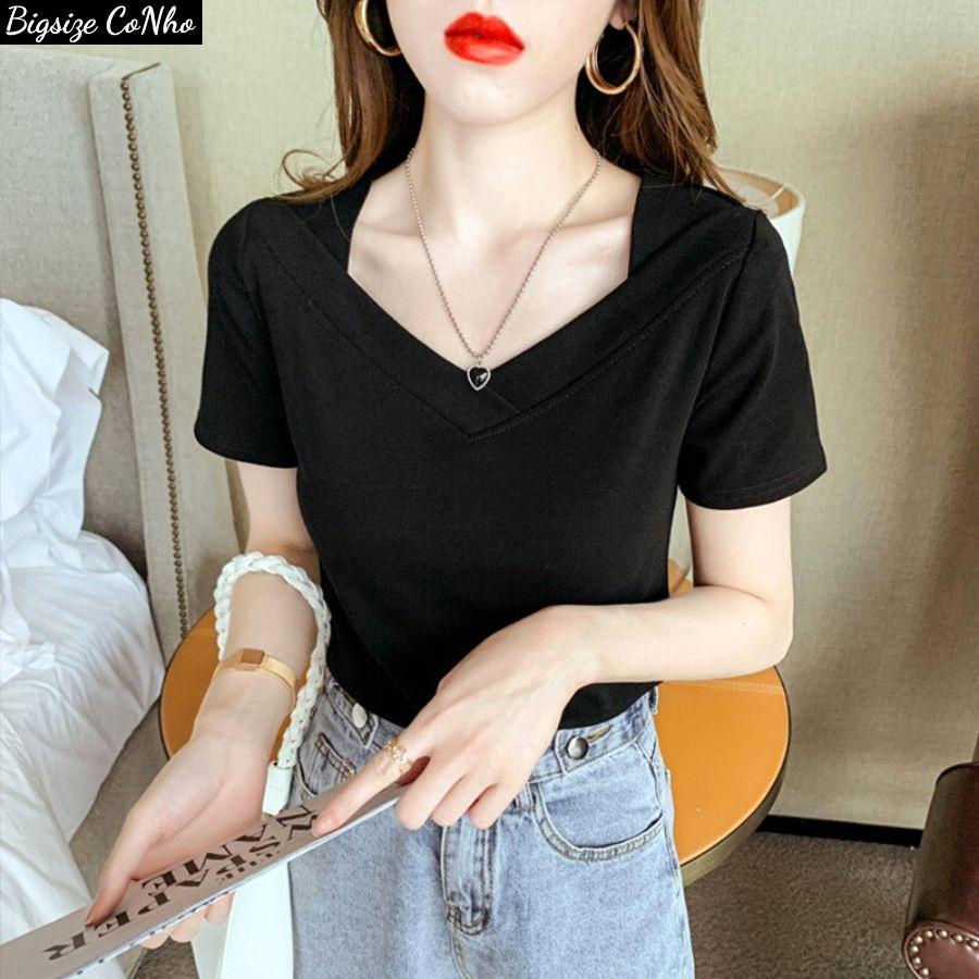 Áo thun kiểu tay ngắn bigsize nữ cổ nữ hoàng dáng dài, Áo phông Chuppy 58-95kg BIGSIZE CÔ NHỎ A44 - Màu trắng