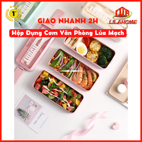 Hộp Đựng Cơm Văn Phòng 3 Tầng 900ML Lúa Mạch Cao Cấp, Kèm Nĩa Và Thìa Màu Ngẫu Nhiên-Hàng Chính Hãng