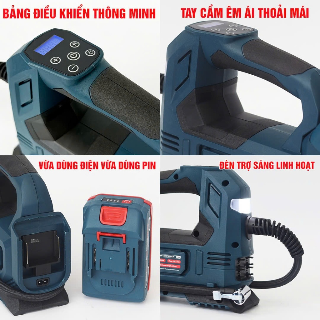 Máy bơm hơi pin BS BOSSUN BS-BH120Z Áp suất 120PSI, Vừa dùng điện xe hơi vừa dùng pin chân phổ thông