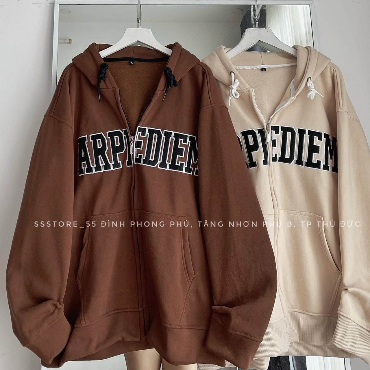 Áo Hoodie Zip APIDIEM 2 màu nâu choco và kem Thêu chữ form rộng Unisex, Áo khoác nỉ ARPEDIEM , Áo Khoác nỉ ARPI 2 màu Tan_Nâu form rộng unisex nam nữ, ÁO KHOÁC NỈ MŨ 2 LỚP CHỮ ARPE - - mẫu hot 2023