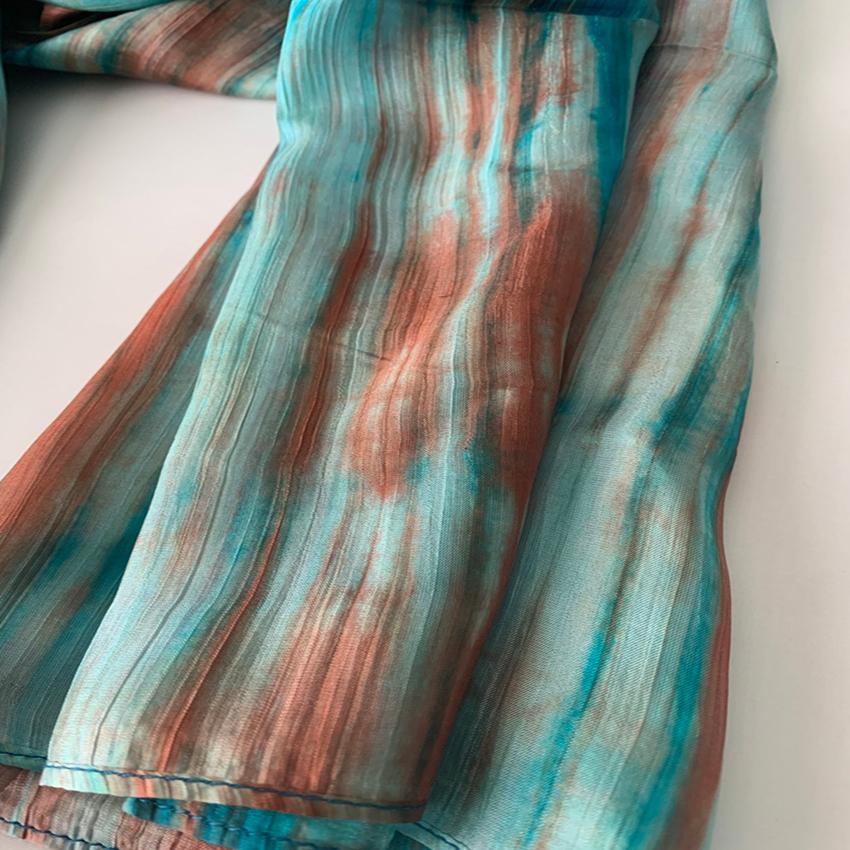 Khăn quàng cổ 100% lụa tơ tằm sọc xanh lam, khăn handmade cao cấp