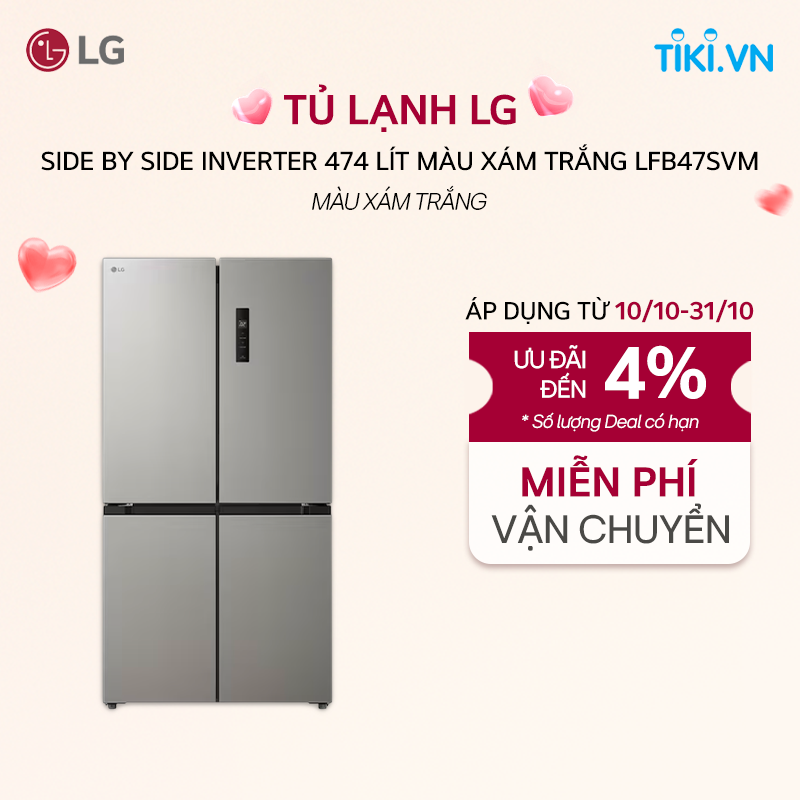 [Chỉ giao Miền Nam] Tủ Lạnh LG Side by Side Inverter 474 Lít màu xám trắng LFB47SVM - Hàng Chính Hãng