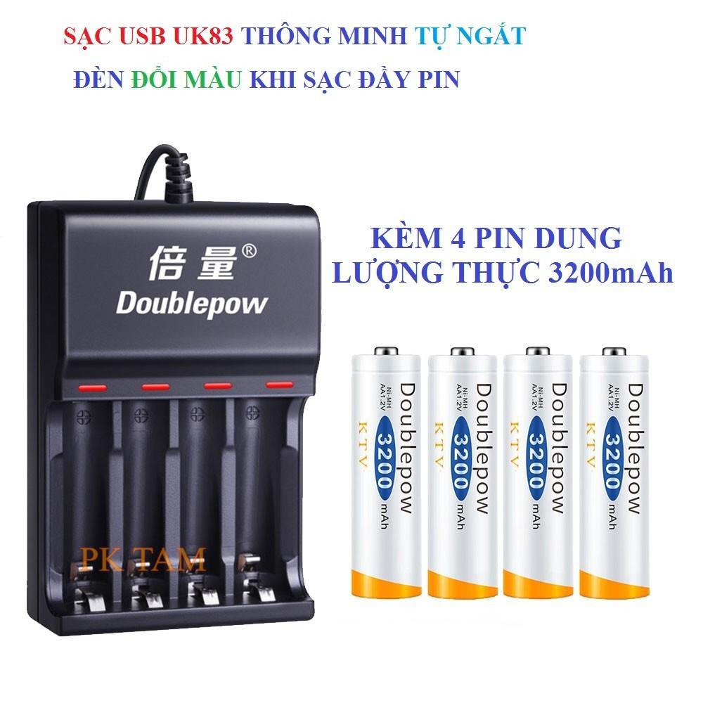 Combo Sạc Tự Ngắt Thông Minh UK83 Đổi Đèn Khi Sạc Đầy Kèm 8 Pin Doublepow 3200Mah Dung Lượng Chuẩn