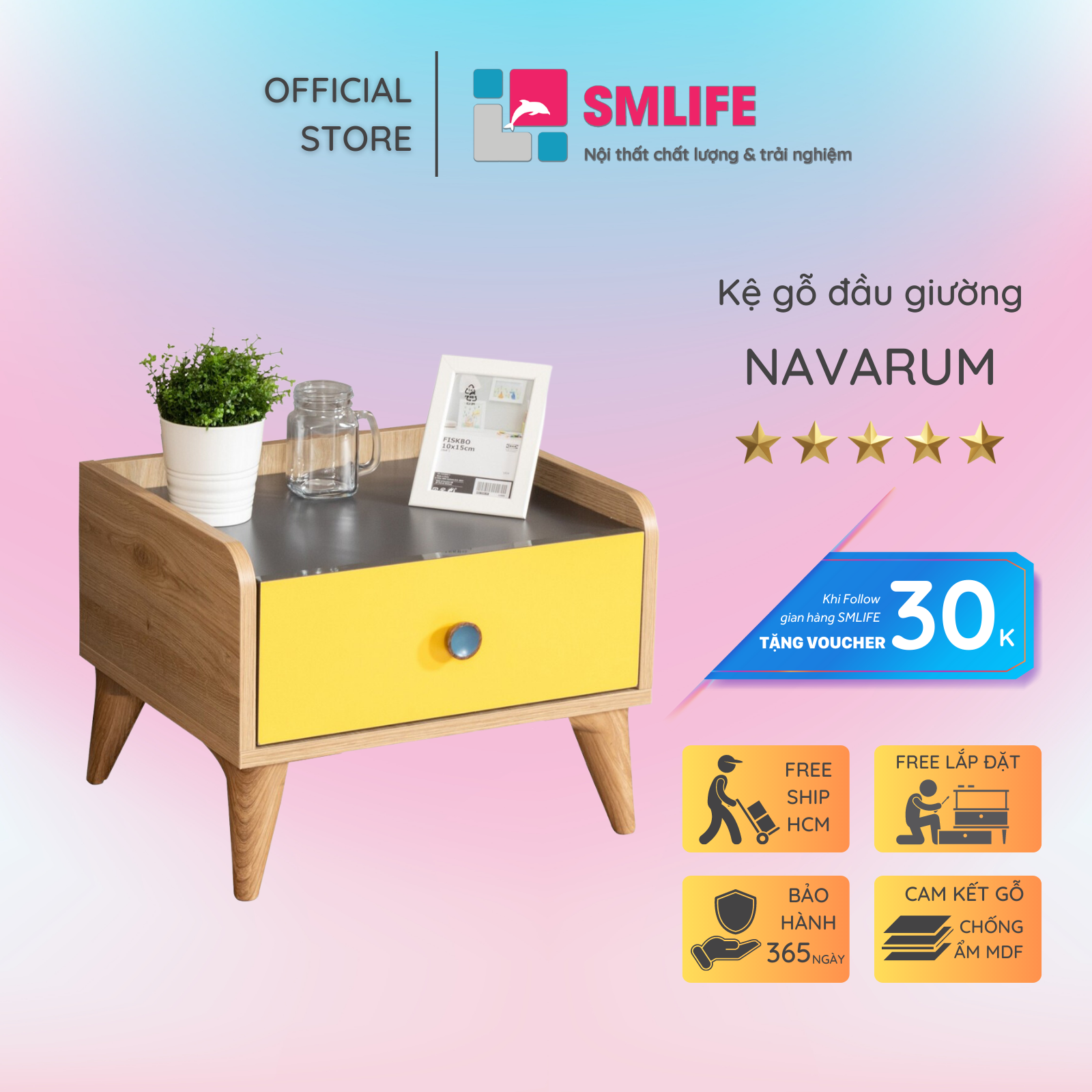 Kệ gỗ đầu giường hiện đại SMLIFE Navarum | Gỗ MDF dày 17mm chống ẩm | D45xR40xC40cm