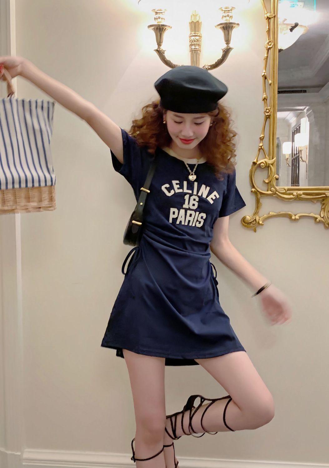SHUANGYAN Pháp ăn mặc giản dị trăm phù hợp retro học viện phong cách váy đụng màu váy vừa vặn khí chất thắt lưng lộ vẻ gầy in váy