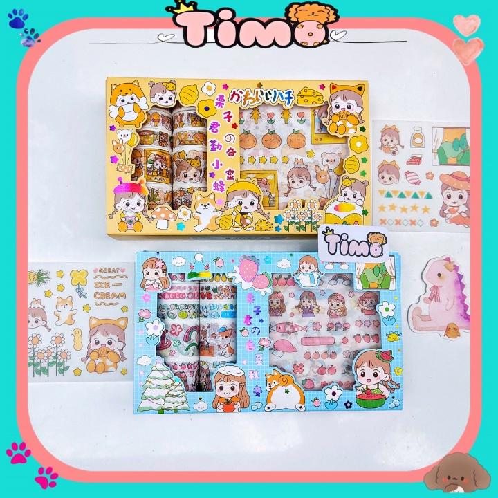 Hộp sticker cute washi tape dán sổ tay decor set 10 cuộn băng dính 10 hình dán sicker Timo WS1