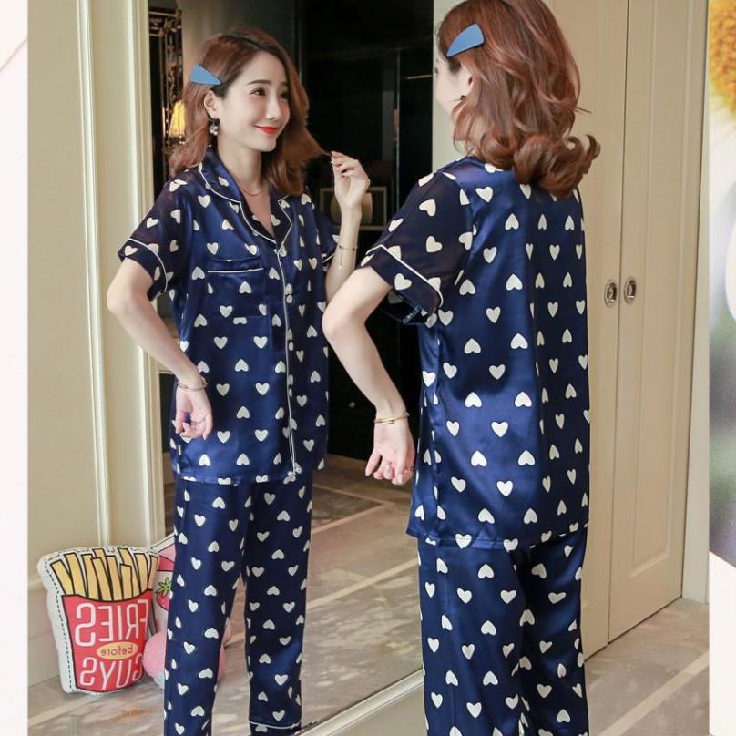 Đồ bộ dài nữ ️ ̀  ̂́ ️ Bộ Pijama lụa đẹp quyến rũ, áo ngắn tay, quần dài, dáng ngọt ngào B56A