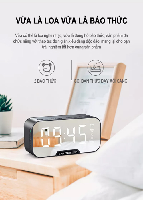 Loa bluetooth kiêm đồng hồ,mặt gương, tiện lợi mini, 2 đồng hồ báo thức, hiển thị nhiệt độ, dung lượng pin lớn, chất lượng âm thanh cao