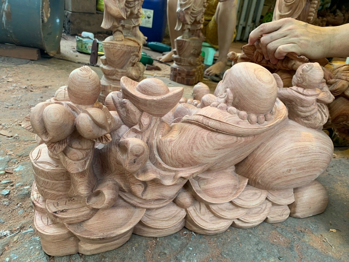 Tượng phật di lặc ngũ phúc bằng gỗ hương đá liền khối kt 60×27×27cm