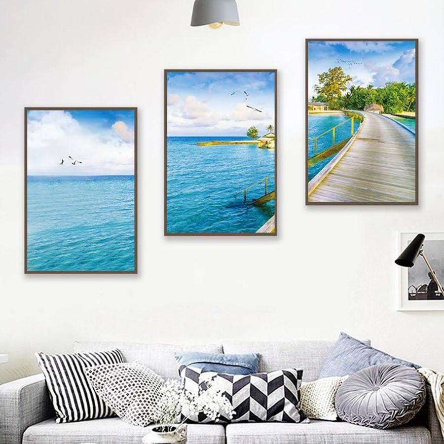 Bộ 3 Tranh canvas giá xưởng- tranh treo tường chủ đề phong cảnh kèm khung cao cấp- tặng kèm đinh đa năng treo