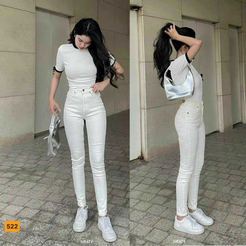 Quần jean nữ lưng cao màu trắng mặc tôn dáng vải co giãn - Skymen Fashion MS522