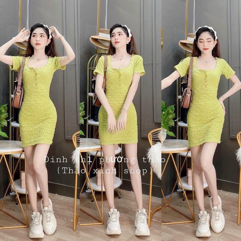 Đầm Body Mini Cổ U Tay Ngắn, Dáng Ôm Ngắn Cổ Cài Cúc Chất Xốp Siêu Mềm D064