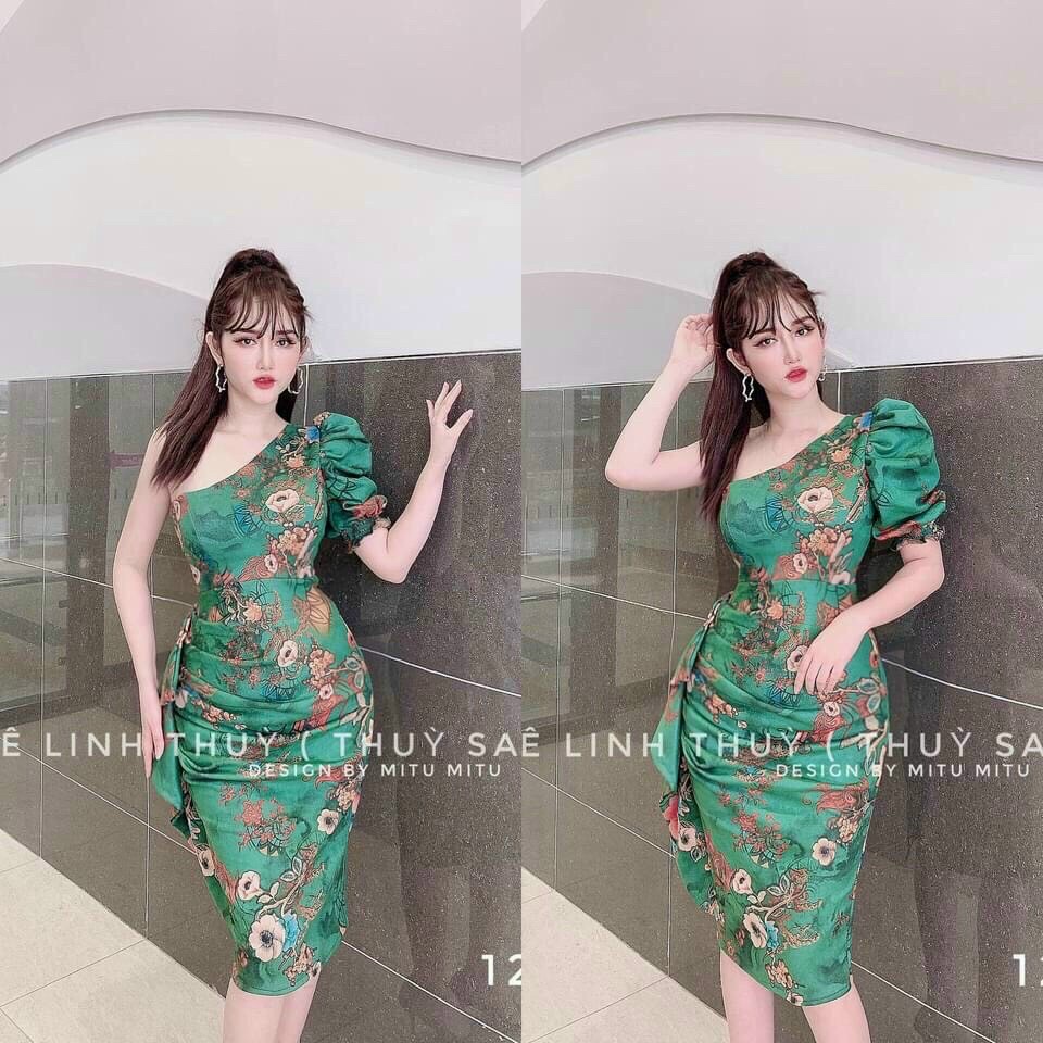 Đầm body lệch vai tay phồng nữ tính