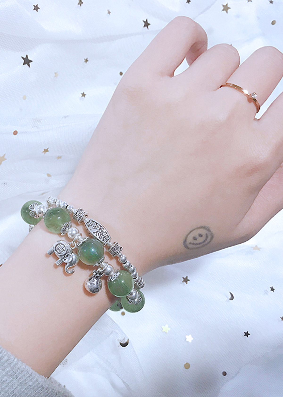 Vòng 2 line đá thạch anh tóc xanh phối charm voi mệnh hỏa, mộc - Ngọc Quý Gemstones