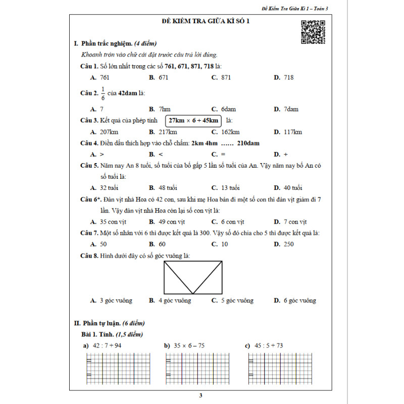 Đề Kiểm Tra Toán 3 - Tập 1