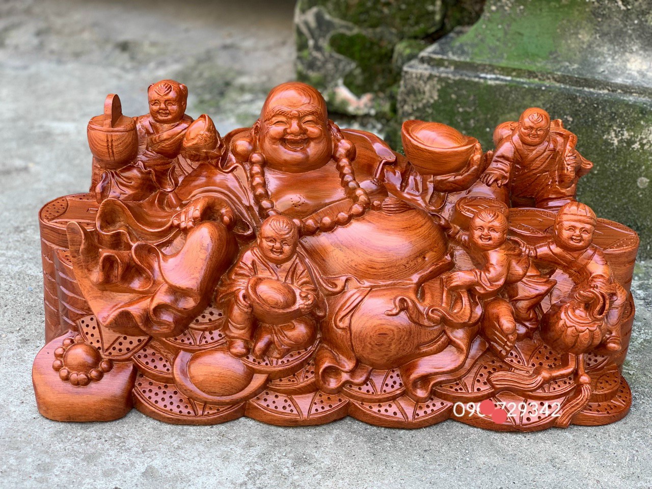 Tượng phật di lặc ngũ phúc gỗ hương đá liền khối kt 60×30×27cm
