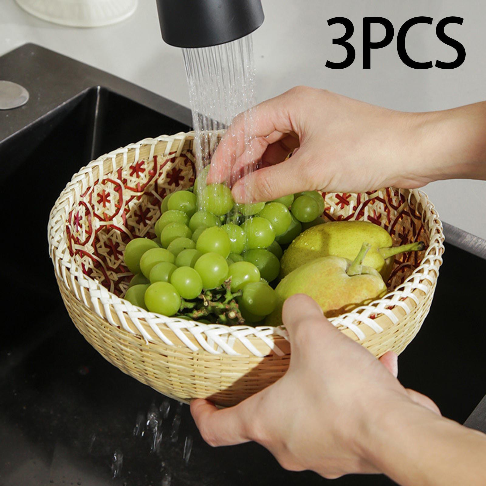 3x Bamboo Woven Basket Rattan Storage Basket Fruit Basket Food Serving Basket for Restaurant, Pantry, Kitchen Organizing