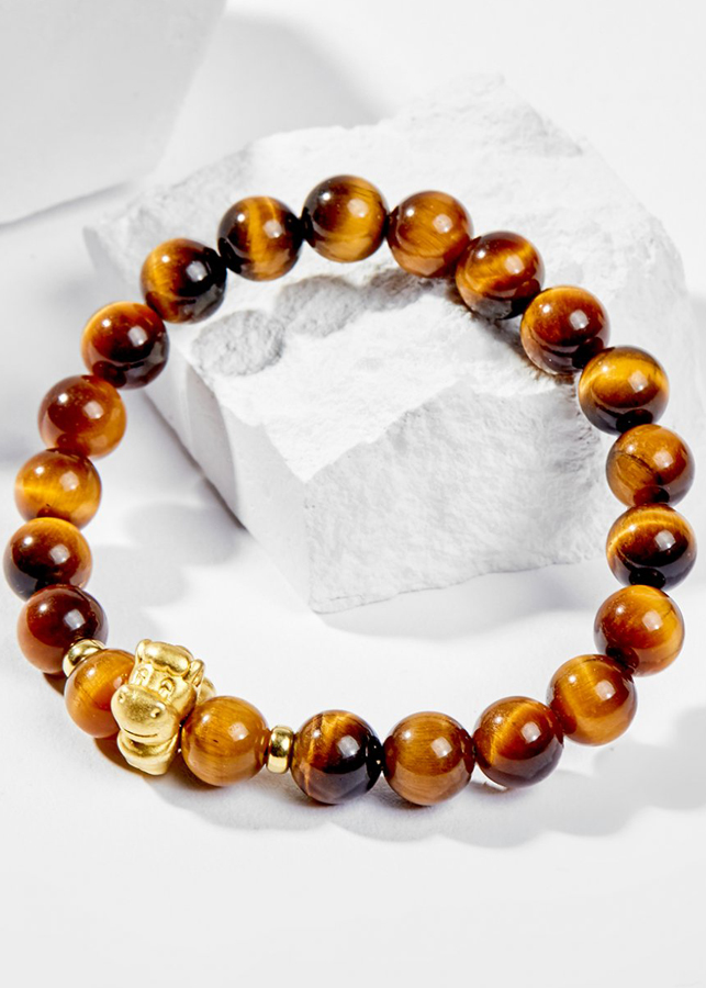 Vòng Tay Phong Thủy Đá Mắt Hổ Vàng Nâu Phối Charm Tuổi Ngọ Bạc Mạ Vàng 24K  Mệnh Thổ, Kim Ngọc Quý Gemstones