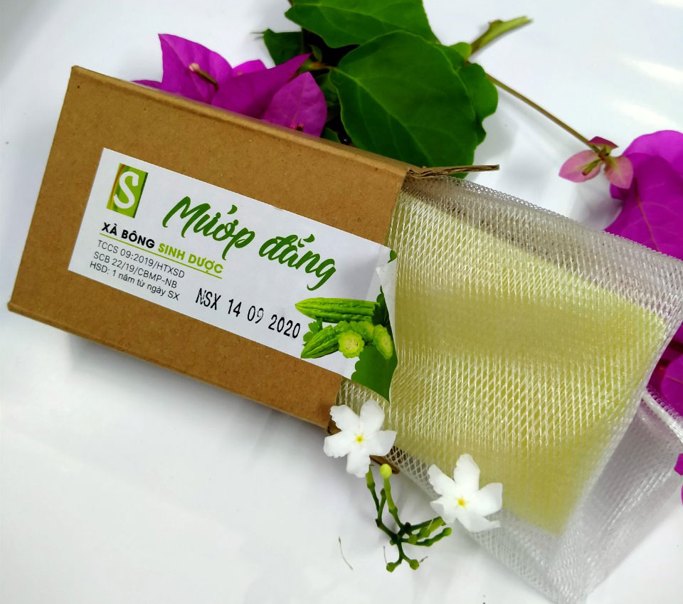 Bánh Xà bông Sinh Dược Mướp đắng 100 gram, khả năng diệt khuẩn cao, tặng kèm túi lưới tạo bọt