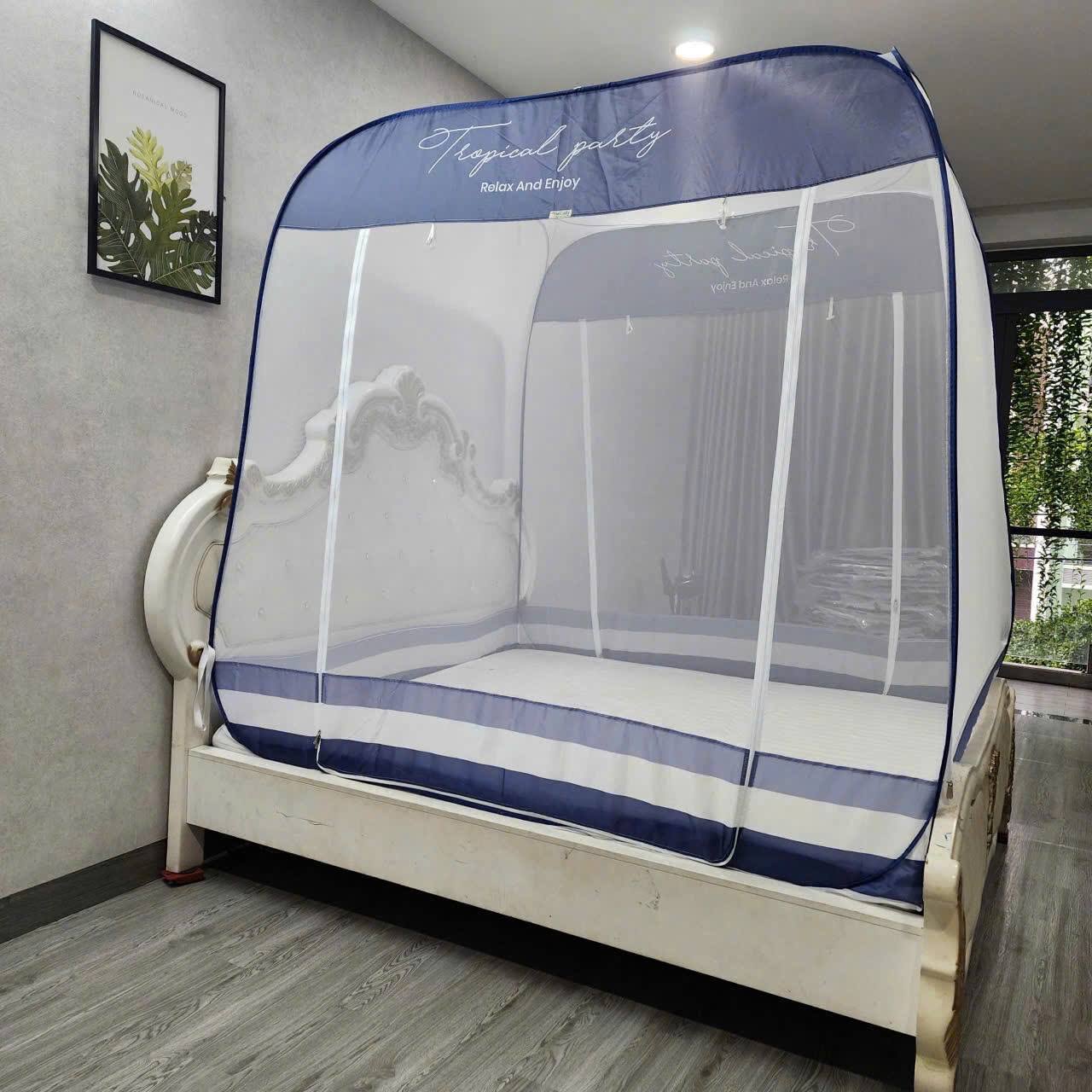 Màn Chụp , Mùng Chụp Cao Cấp Mộc Miên Đỉnh Vuông - Kích Thước 1,8mx2m ( Xanh Xám 3 Đường Kẻ )