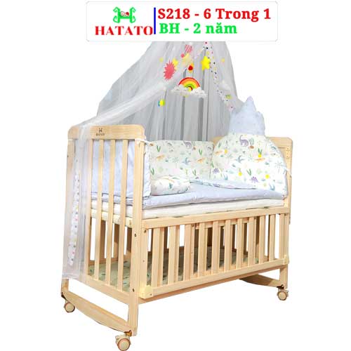 Cũi Cho Bé S218 Hatato cho trẻ từ 0-4 tuổi, cũi làm từ gỗ thông được BH-2năm có 6 chức năng làm nôi em bé và quây cũi cho bé