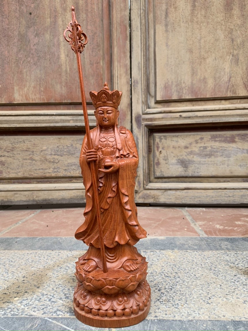 Tượng phật đia tạng vương bồ tát bằng gỗ hương đá kt cao 30×10×8.5cm