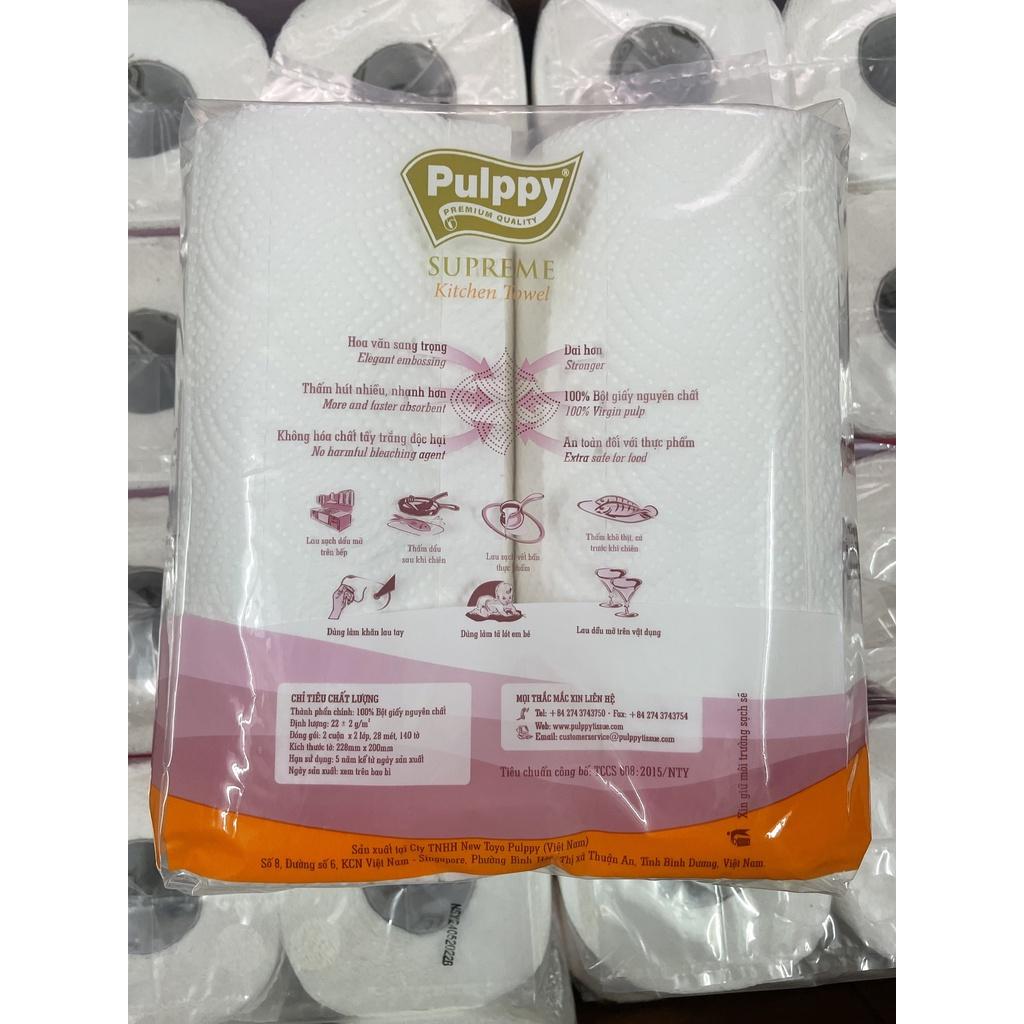 Khăn Giấy Bếp, Khăn Giấy Lau Đa Năng Pulppy Supreme 2 cuộn x 140 tờ tiện dụng thấm hút dầu mỡ