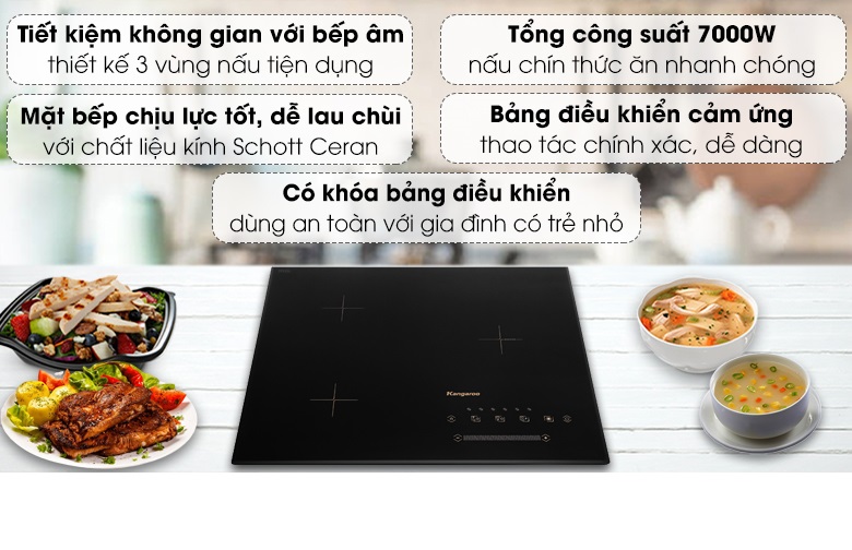 Bếp Từ Ba Vùng Nấu Lắp Âm Kangaroo KG836i - Hàng Chính Hãng Thái Lan