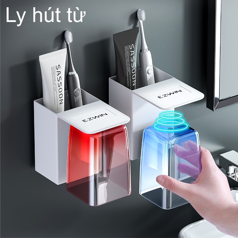 Kệ dán tường đựng bàn chải, kem đánh răng kèm ly súc miệng hút từ
