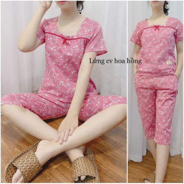 Đồ bộ mặc nhà cổ vuông nơ hồng