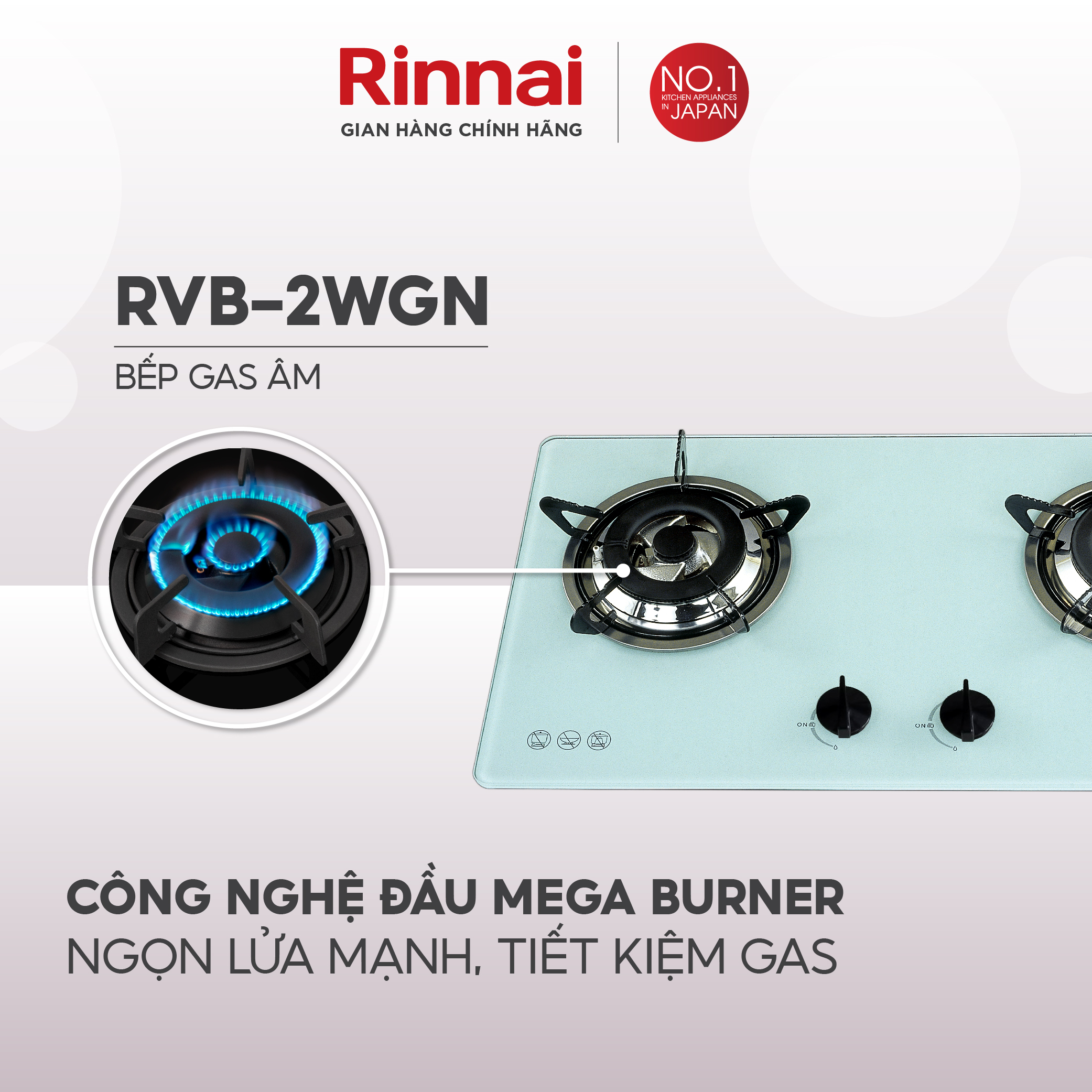 Bếp gas âm Rinnai RVB-2WGN mặt bếp kính và kiềng bếp men - Hàng chính hãng.