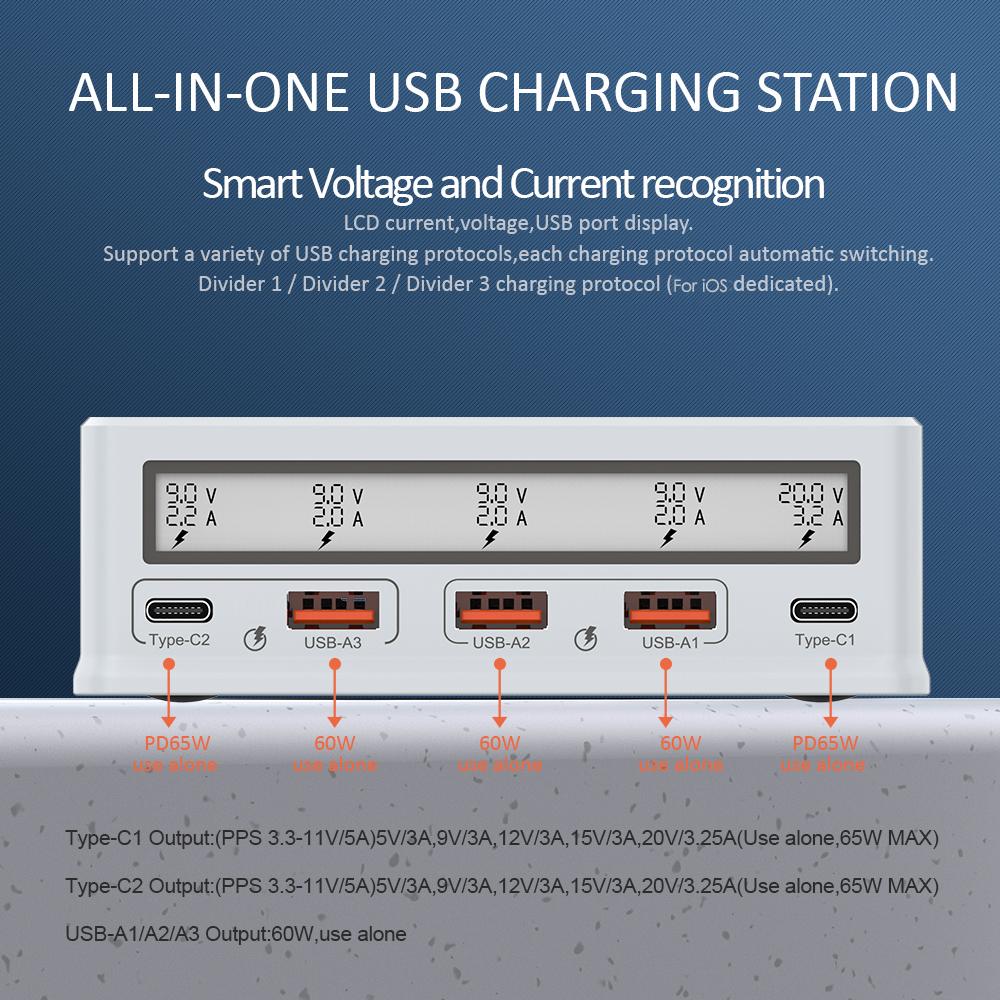 USB Wall Charger 110W 5-Port USB Charging Station Multi Port USB Hub Charger Compact Size LCD Display Compatible with Smartphone Tablet and Multiple Devices