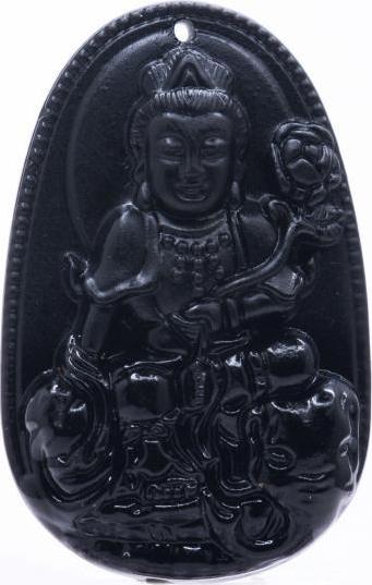 Mặt dây chuyền Phổ Hiền Bồ Tát đá Obsidian tự nhiên - Phật Bản Mệnh cho người tuổi Thìn, Tỵ - PBMOBS04 (Mặt kèm sẵn dây đeo)