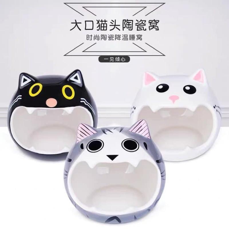 Nhà ngủ sứ hình mèo mồm to cho hamster