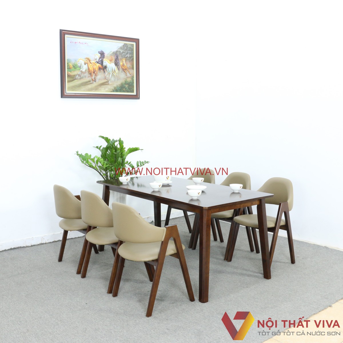 Bộ Bàn Ăn Hiện Đại 6 Ghế Gỗ Cao Su Bọc Nỉ Chân Chữ A Giá Rẻ