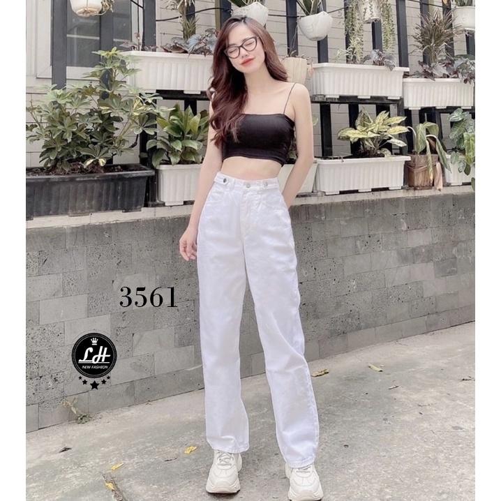 Quần jean trắng, quần bò ống suông nữ màu trắng trơn ulzzang có bass lưng siêu cao Lê Huy Fashion 3561