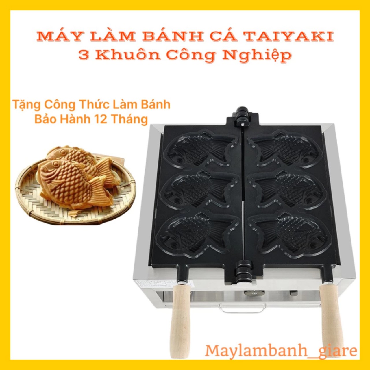 Máy làm bánh cá Taiyaki 3 con to dùng điện tặng kèm công thức. Máy nướng bánh công nghiệp 3 khuôn lớn hàng nhập khẩu