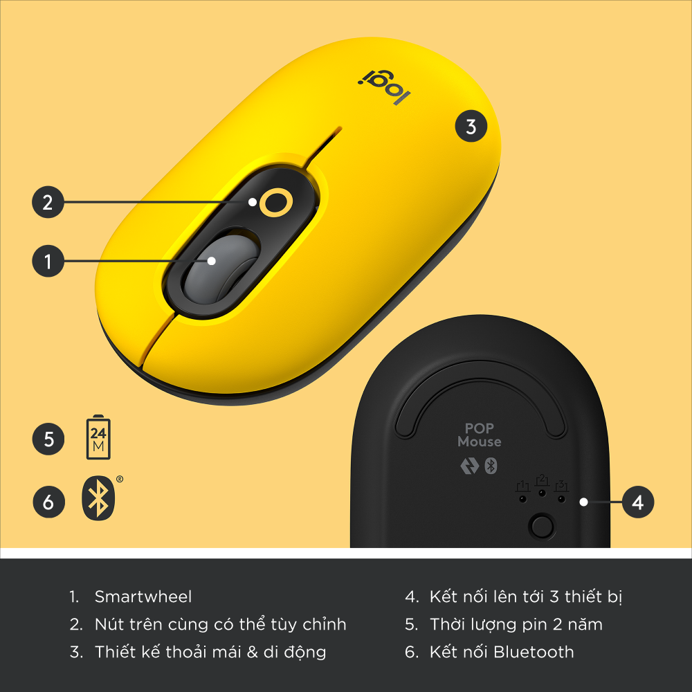 Chuột không dây bluetooth Logitech POP MOUSE - giảm ồn, nút emoji tùy chỉnh - Hàng chính hãng