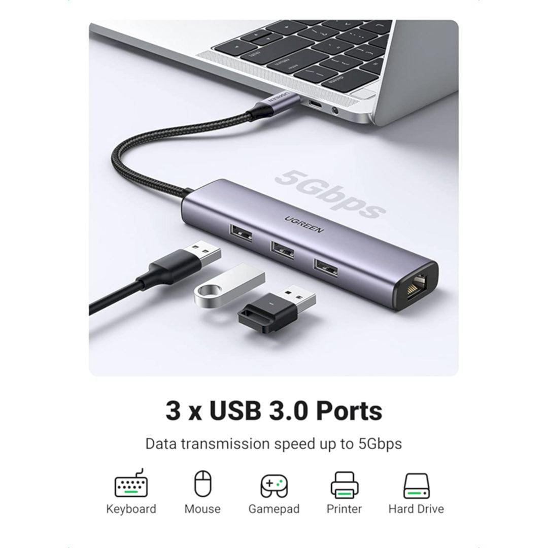 Ugreen UG60600CM475TK 3*USB 3.0 + RJ45 Gigiatbit 20CM Màu Xám Bộ chuyển type c sang 3 cổng USB + RJ45 Giagabit - HÀNG CHÍNH HÃNG